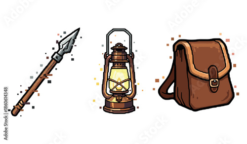Hand-drawn spear, lantern, and backpack on white background