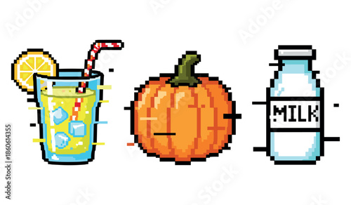 Pixel art trio: lemonade, pumpkin, and milk bottle with bold colors