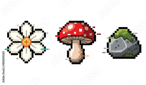 Pixel art trio: flower, mushroom, and rock on white background