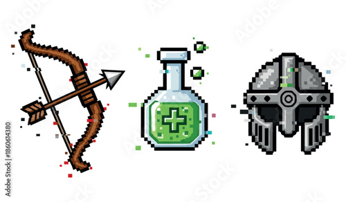 Pixel art medieval items: bow, healing potion, and helmet set