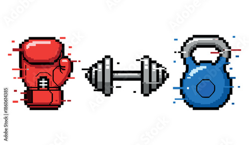 Pixel art boxing glove, dumbbell, and kettlebell icons for fitness enthusiasts