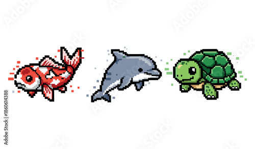 Pixel art of koi fish, dolphin, and turtle on white background