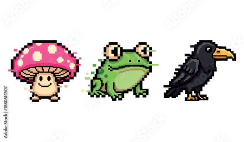 Pixel art characters: cute mushroom, green frog, black crow in retro style