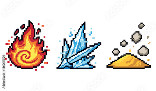 Pixel art elements: fire, ice, and earth symbols in vibrant colors