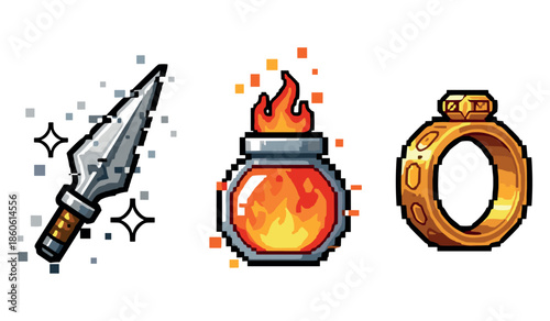 Pixel art items: dagger, fire potion, gold ring - retro gaming icons