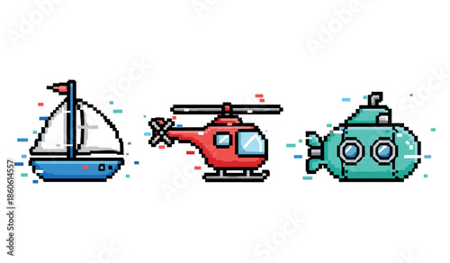 Pixel art vehicles: sailboat, helicopter, submarine in retro 8-bit style