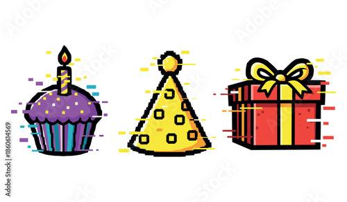 Pixel art birthday elements: cupcake, party hat, gift box with vibrant colors