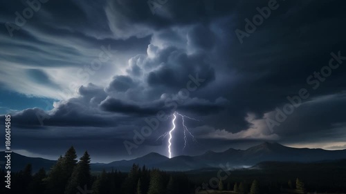 Dramatic lightning strikes over a dark, stormy mountain landscape at dusk