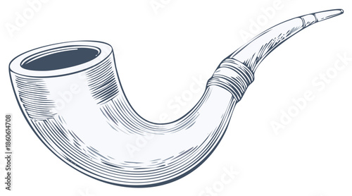 Vintage smoking pipe with curved stem and detailed etching in a classic illustration style