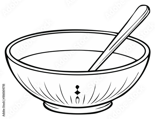 Bowl with a spoon inside black and white illustration