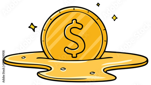 Cartoon illustration of golden dollar coin melting on the ground financial concept