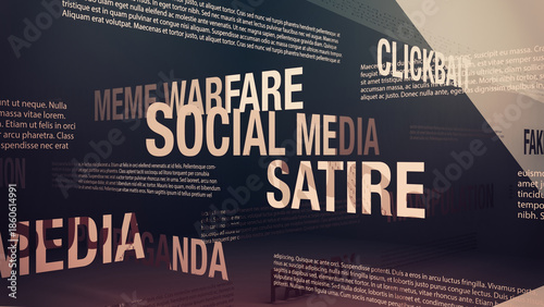 Canvas Print Bold, moody wall of typography with phrases like Social Media, Meme Warfare, Satire, Clickbait and digital commentary on current issues of online influence and media dynamics