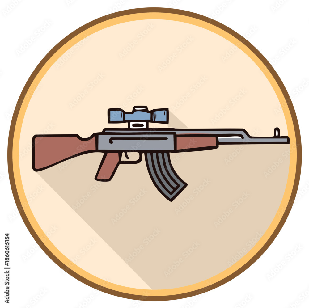 Naklejka premium Rifle with Scope Flat Vector Illustration: Armed Weapon Design in a Circle