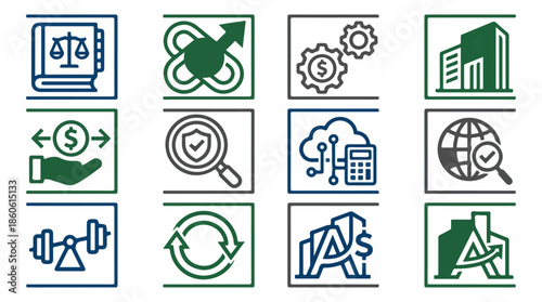 Business and finance icons law development analysis global reach