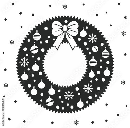 Black and white graphic of a Christmas wreath with ornaments and snowflakes