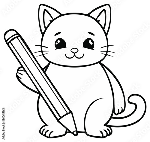 Cute Cartoon Cat with Large Pencil Ready to Draw or Color, Line Art Illustration