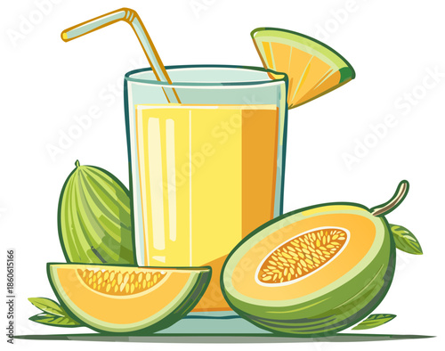 Fresh melon juice in glass with melon slices and whole fruits illustration.