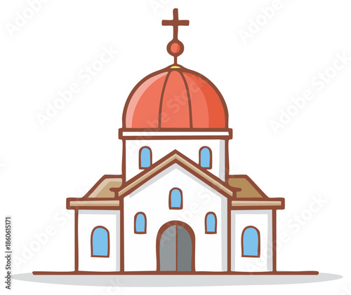 Cute hand drawn cartoon church building with red dome and cross symbol