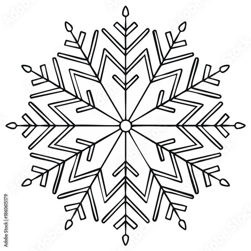Snowflake design illustration in black and white, seasonal winter holiday symbol