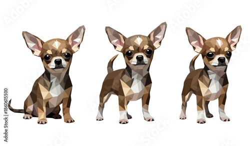 Three geometric chihuahua illustrations with brown and white patterns