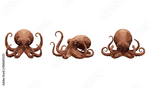 Three geometric octopuses: low-poly brown designs on white background