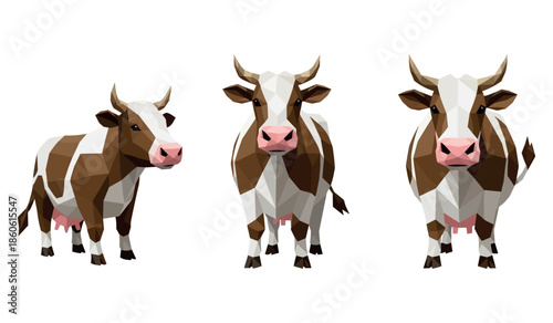 Three low-poly cows on white background: stylized brown and white cattle