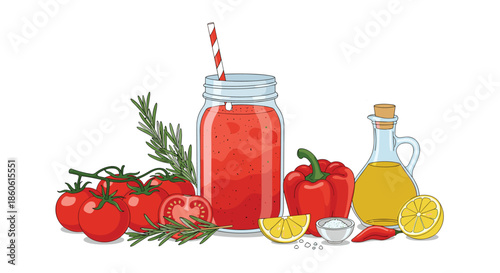 Fresh red vegetable smoothie in a glass jar surrounded by ripe tomatoes, peppers, rosemary, and olive oil on a table.