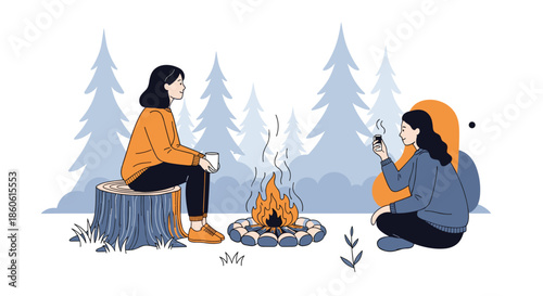Two young women sit on logs by a warm campfire in a snowy forest while holding hot drinks during a winter camping trip.