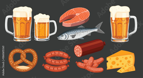 Traditional food and drink set featuring beer mugs, pretzels, sausages, cheese, and smoked fish on a dark background.