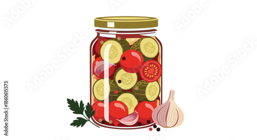 Traditional glass jar of homemade pickled vegetables including cucumbers and tomatoes with garlic and herbs on the side.