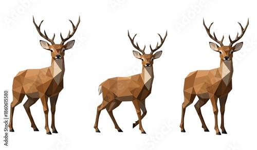 Geometric deer trio: low-poly wildlife art with antlers and shades of brown