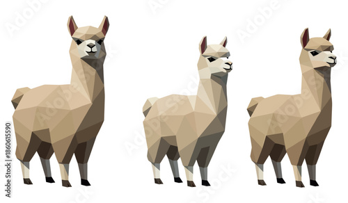 Polygonal llama trio in geometric style on white background