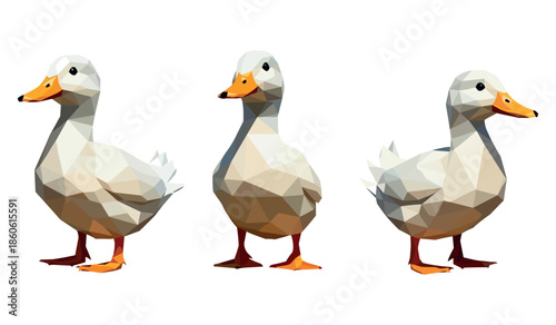 Geometric low poly ducks trio with white background