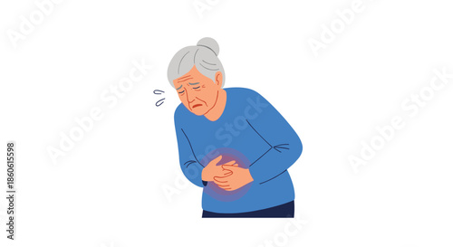 Elderly woman suffering from severe abdominal pain and stomach ache while holding her midsection in an expressive cartoon style.