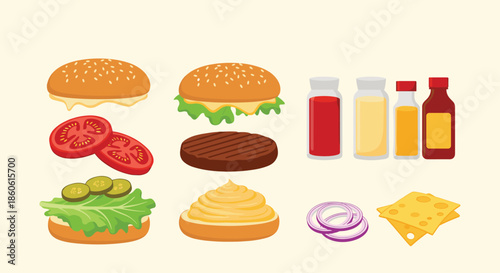 Detailed burger ingredients including sesame buns, grilled meat patty, tomato slices, pickles, lettuce, sauces, onions, and cheese.