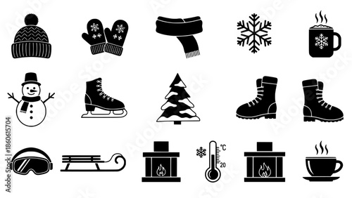 Winter Accessories and Activities Icons Snowman, Skates, Sled, Scarf, Snowflake, and Snowman