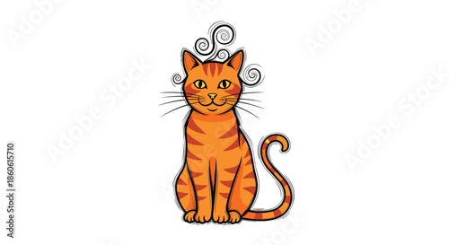 Playful illustration of an orange tabby cat sitting calmly with decorative spiral patterns swirling around its head and ears.