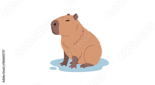 Simple illustration of a calm capybara sitting on a small blue puddle of water over a clean white minimalist background.
