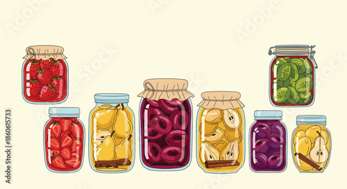 Row of colorful glass jars filled with preserved fruits like strawberries plums pears and kiwis on a plain light background.