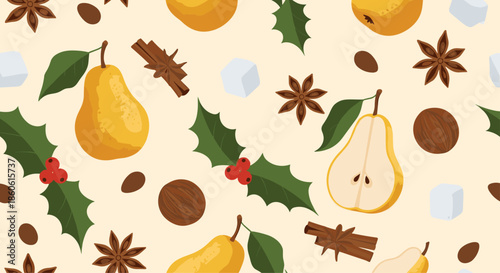 Festive seamless pattern with yellow pears whole and halved mixed with cinnamon sticks star anise and green holly leaves.