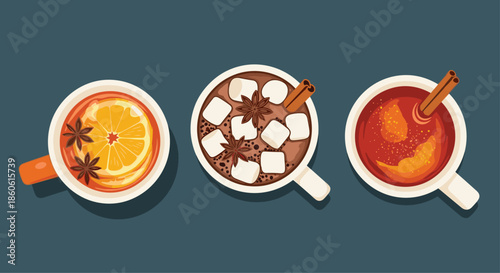 Overhead view of three mugs containing warm winter drinks including spiced tea hot chocolate with marshmallows and citrus.