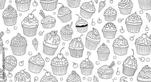 Detailed seamless pattern of various hand drawn cupcakes and muffins decorated with cherries and frosting in black and white.