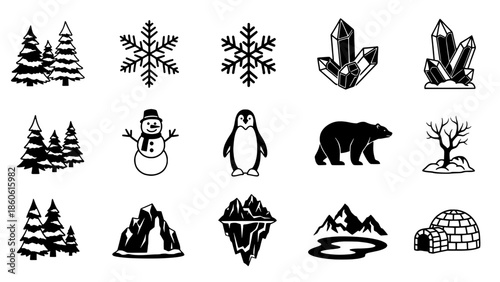 Winter theme icons Snowflakes, trees, penguin, polar bear, snowman, iceberg, and igloo
