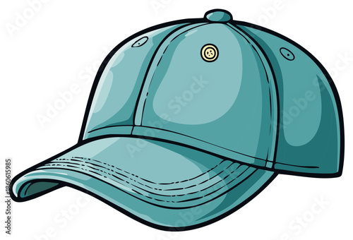 Illustration of a turquoise baseball cap with a button and dark outline.