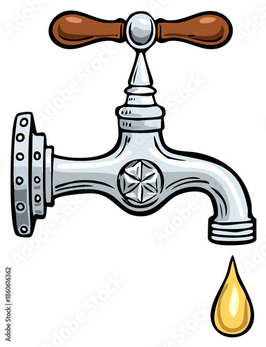 Cartoon Water Faucet with Wood Handle and Water Drop Isolated on White