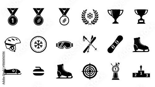 Collection of winter sports and Olympic achievement icons medals, trophies, snow gear, and equipment