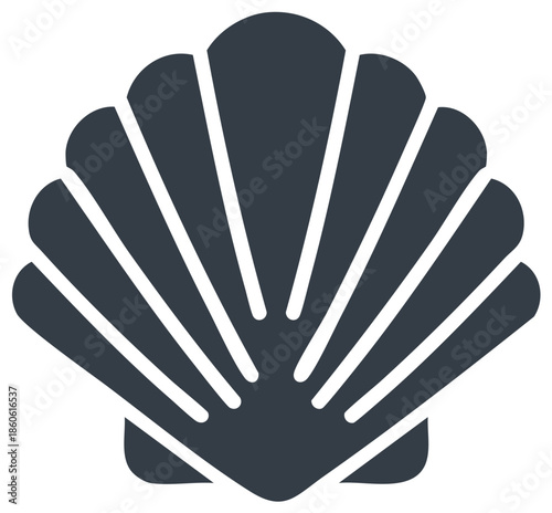Elegant scallop seashell graphic with radial lines in dark blue for seaside themes