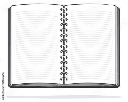 Open Blank Spiral Notebook Showing Lined Pages for Writing and Notes, Vector Illustration