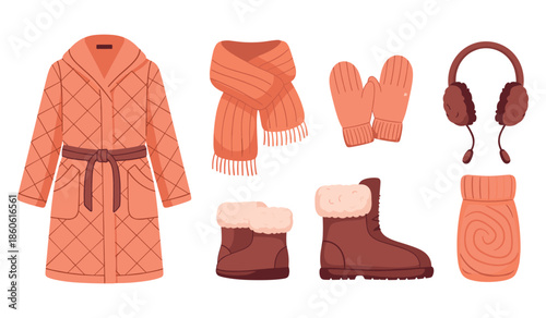 Cozy winter clothing collection featuring coat, scarf, mittens, boots, and earmuffs