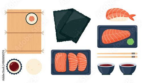 Sushi set with salmon rolls, nigiri, nori sheets, and soy sauce